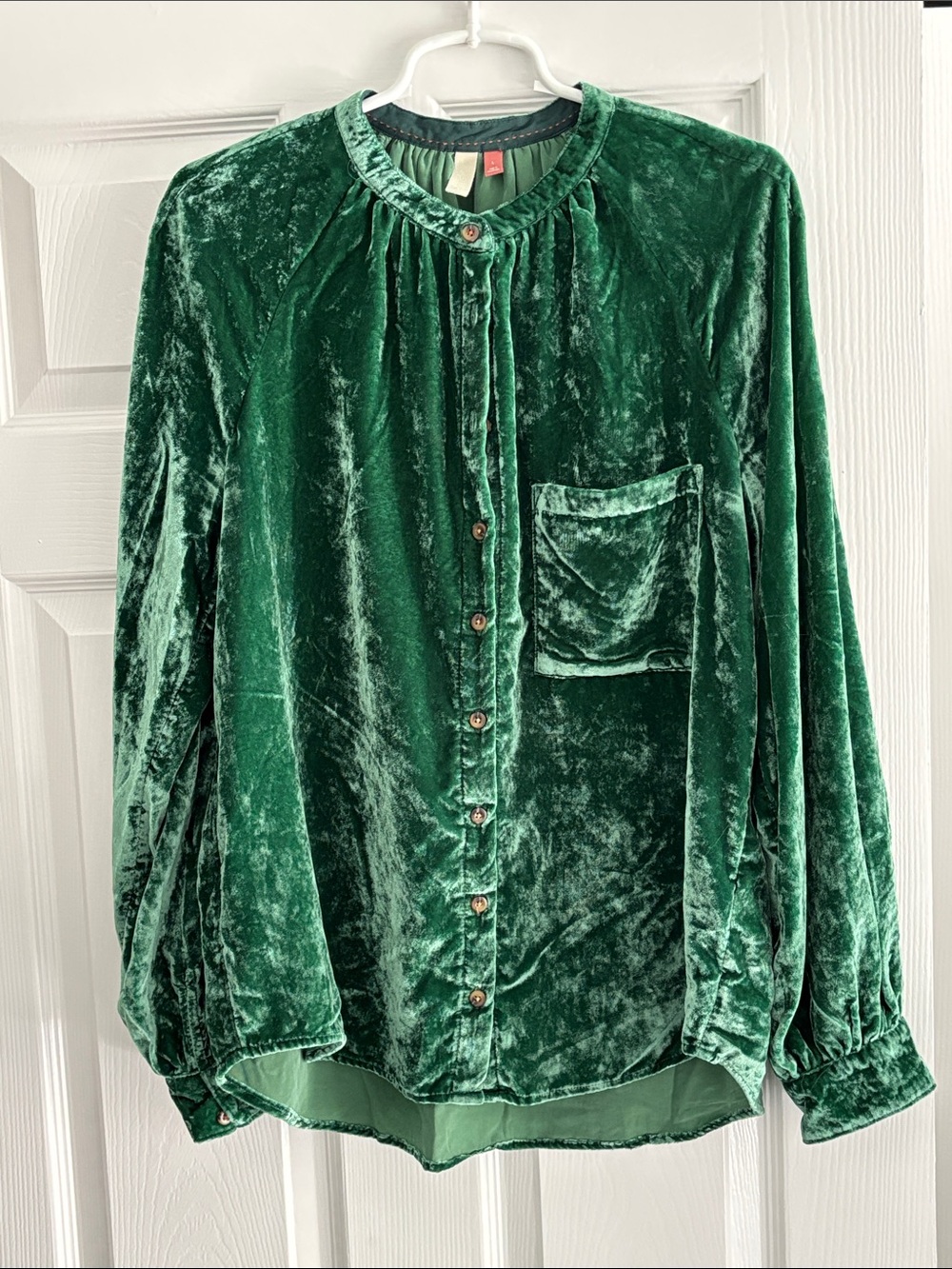 Pilot from anthropology Velvet Button-Front Long-Sleeve Top - Emerald Green